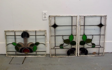 Set of 3 Vintage Arts & Crafts Stained Glass Panels with Floral Patterns