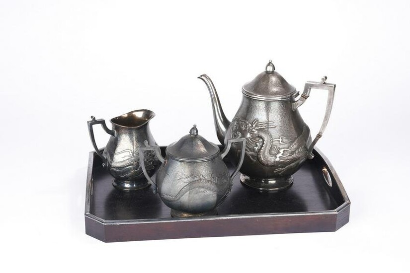 Set of Chinese Export Sterling Silver Teapot and Cups