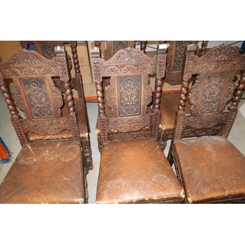 Set of six carved oak dining chairs with upholstered seats a...