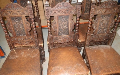Set of six carved oak dining chairs with upholstered...