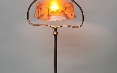 Signed Handel 1920's floor lamp with reverse paint scenic shade in good working condition. Glass