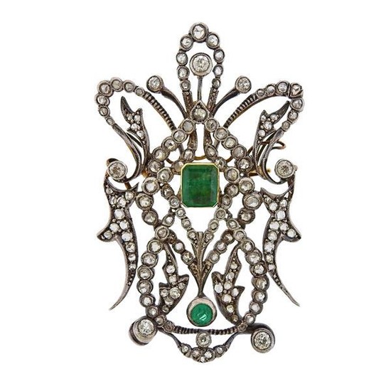 Silver 18k Gold Diamond Emerald Brooch Pendant