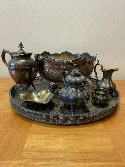 Silver Plate Tray, Tea Set