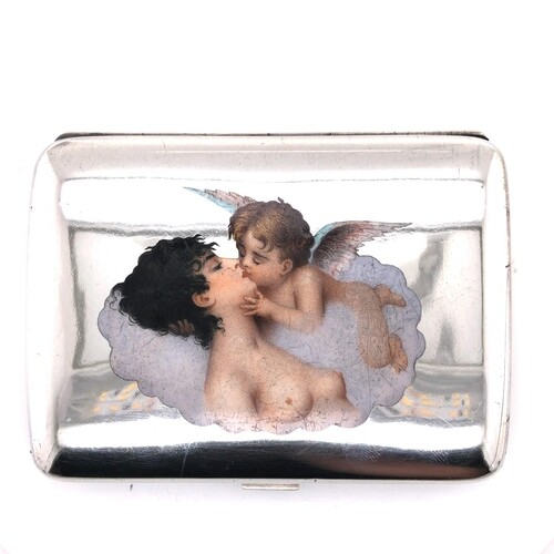 Silver and enamel cigarette case showing a woman and cherub,...