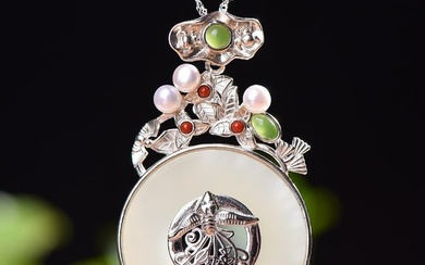 Silver inlaid Hetian jade peace ring with multi-treasure pendant