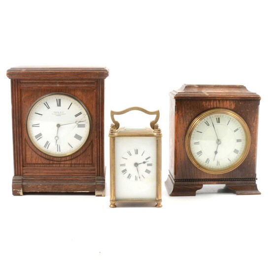 Small brass carriage clock and two oak cased clocks