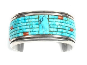 Southwestern Silver, Turquoise and Coral Cuff Bracelet