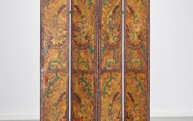 Spanish Baroque polychrome leather floor screen