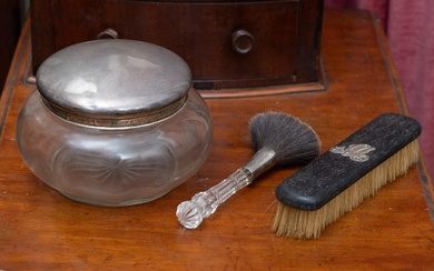 Sterling silver top powder bowl, Birmingham, c.1923, by W.A, Diameter16.5cm, together with an ebonised timber brush with silver monogram, and a crystal handled brush