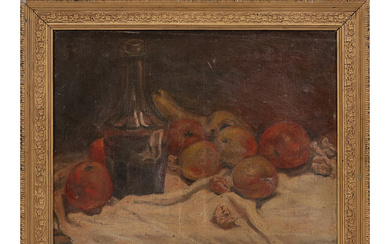 Still-life with apples and wine, oil on canvas French painting,...