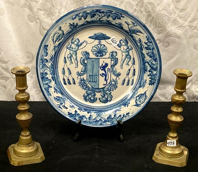 Stoneware Plate and Early Brass Candlesticks