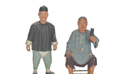 TWO PAINTED PLASTER MANCHU FIGURES 18th century