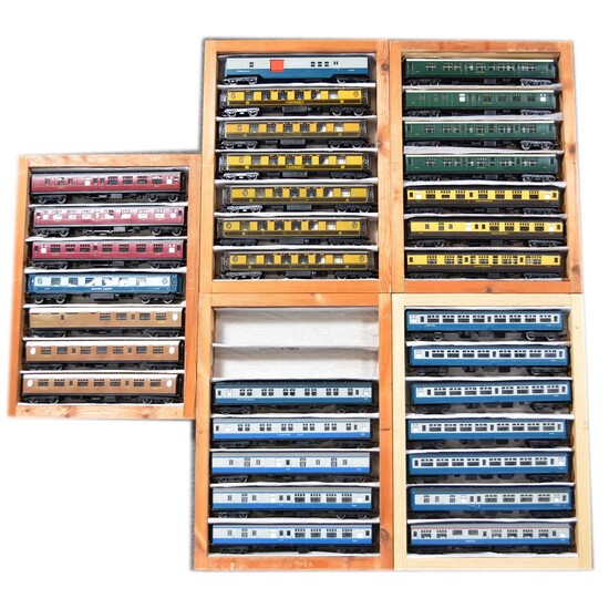 Thirty-four OO gauge model railway passenger coaches