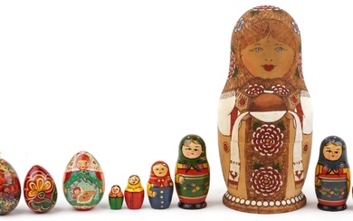Three Russian Matryoshka stacking dolls and three lacquered ...