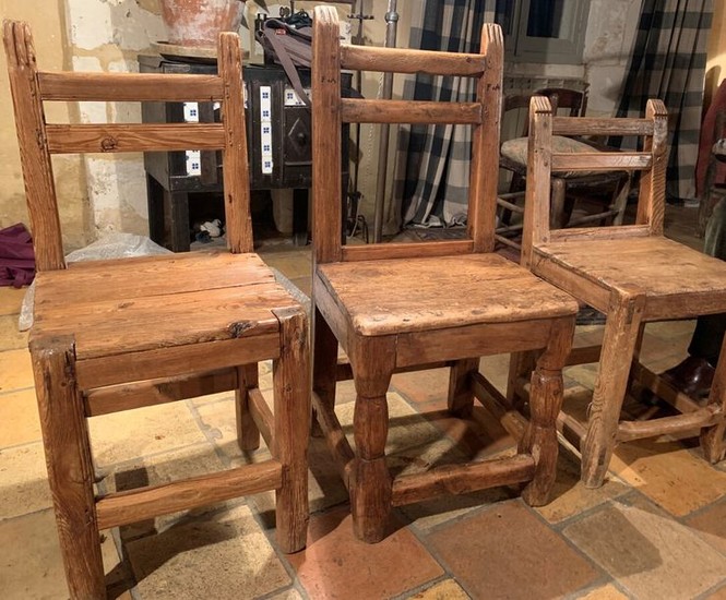 Three chairs with two crossbars and fluted upright...