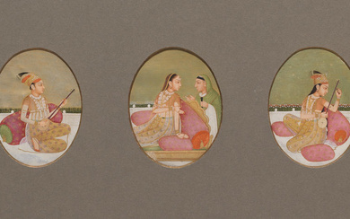 Three oval paintings, one depicting a princess seated with an...