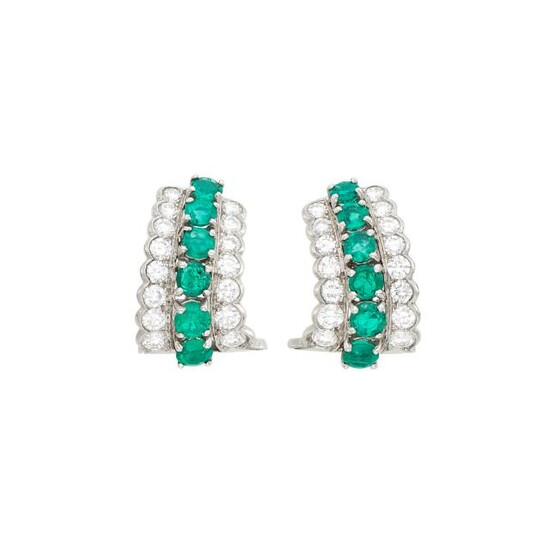 Tiffany & Co. Pair of Platinum, Emerald and Diamond Earclips