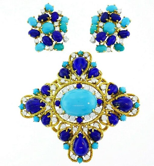 Turquoise Lapis Gold Pin BROOCH Clip EARRINGS Set with