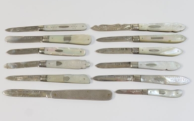 Twelve silver and mother of pearl folding fruit knives,...