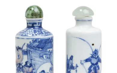 Two Chinese underglaze blue and underglaze red 'warriors' snuff bottles Qing dynasty,...