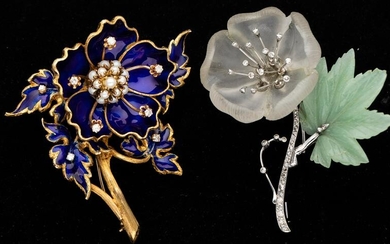 Two Floral Gold, Pearl, Diamond, and Jade Brooches