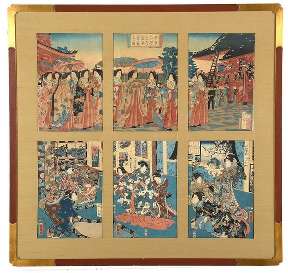Two Framed Japanese Woodblock Triptychs