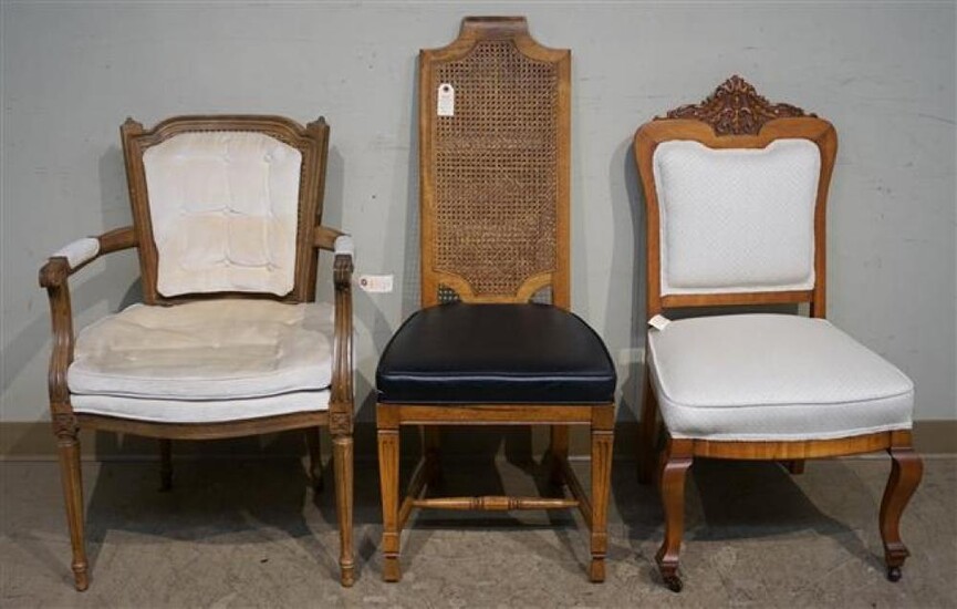 Two Fruitwood Upholstered Side Chairs and Armchair