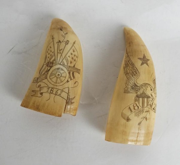 Two Scrimshaw Tooth Carvings, Dated 1812 & 1861