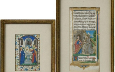 Two double-sided illuminations depicting "The Circumcision" and "Christ Carrying His Cross", black ink, gouache, enhanced with gold on vellum. Work from Flanders and Ile de France. Period: XIVth - XVth. Size: 11,7x7,8cm and 21,8x11,4cm.