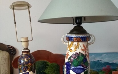 Two faience lamps decorated in colours. Aluminia. H. excl. mountings 24 and 33 cm. (2)
