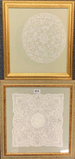 Two gilt framed lace panels, largest 45 x 45cm.