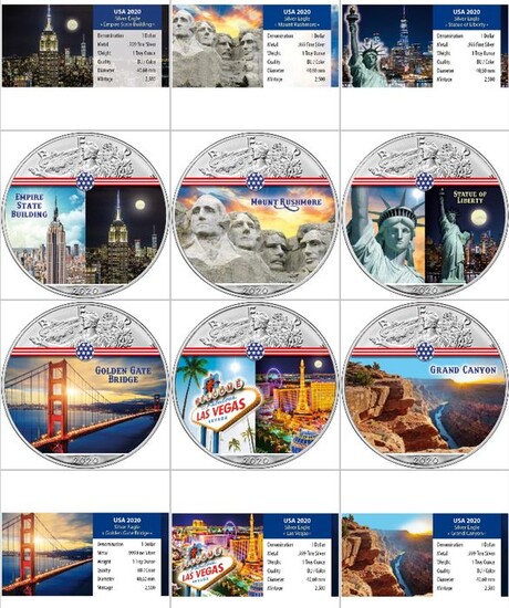 USA - 6x1 Dollar 2020 American Silver Eagle Wahrzeichen der USA - Ausgabe 1- 6 - Farbe - mit Zertifikat - 6x1 Oz - Silver