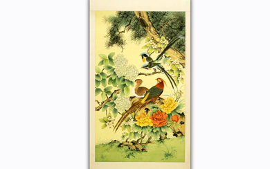 Unframed Chinese painting : "Birds between flowers" - 100 x 60,5 prov : collection "Jeannette Jongen" (Schleiper) |||Chinese "Birds between flowers" painting former collection of Jeanette Jongen (Schleiper)