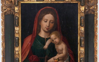 VIRGINE AVEC L'ENFANT, ÉCOLE ESPAGNOLE S.XVI Huile sur panneau La Vierge est représentée sur un...