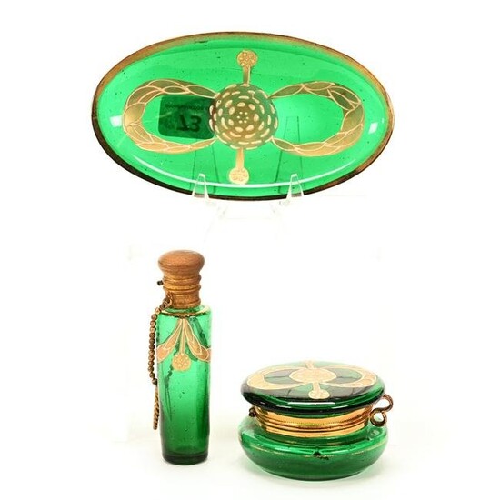 Vanity Set, Emerald Green Bohemian Art Glass