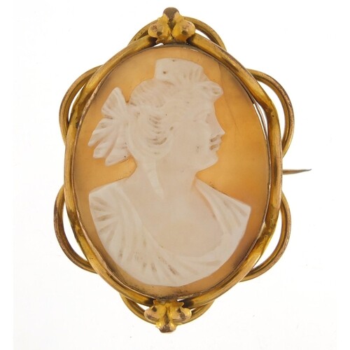Victorian cameo brooch with gilt metal mount, depicting a bu...