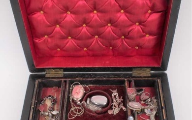 Victorian coromandel jewellery box containing silver gem set pendants and necklaces, various earrings, rings and chains