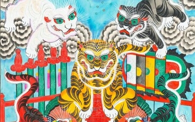 Vietnamese school, ink and colour on paper, 19/20th C.: 'A pair of works with five tigers'