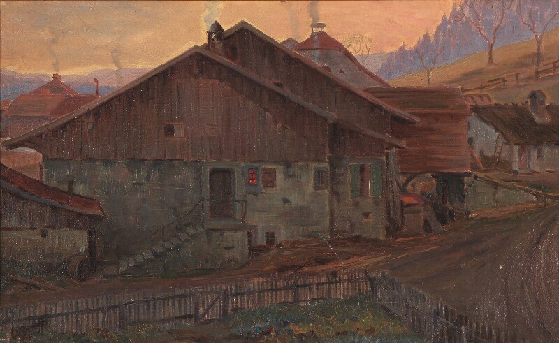 Viggo Johansen: “Italiensk landsby, Aften”. Italian village, evening. Signed V. J. Oil on canvas. 31×49 cm.