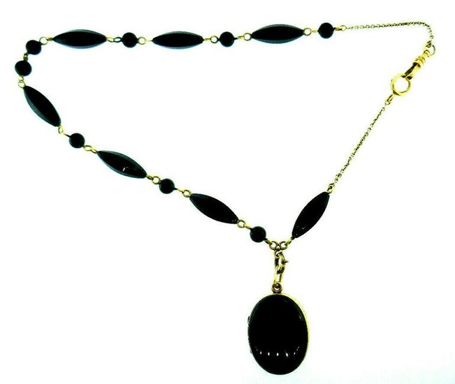 Vintage 14k Yellow Gold Onyx Beaded Necklace Locket