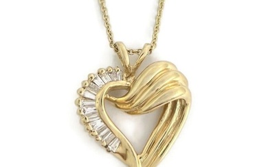 Vintage Baguette Half Diamond Heart Pendant Necklace 14K Yellow Gold, 7.30 Grams