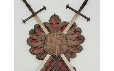 Vintage Carved Wooden Coat Of Arms With Swords