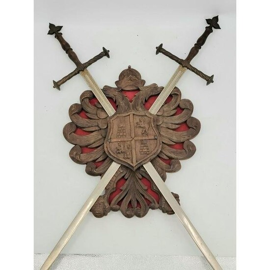 Vintage Carved Wooden Coat Of Arms With Swords