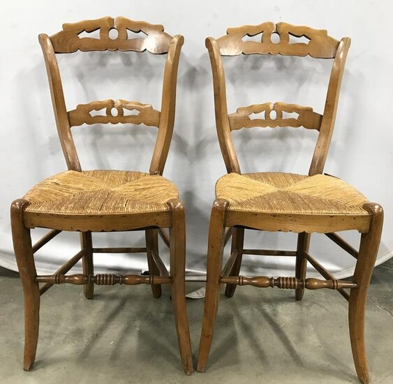 Vintage Carved Wooden Rush Seat Side Chairs