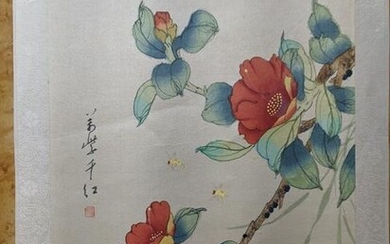 Vintage Japanese Woodblock Print Bee and red flowers