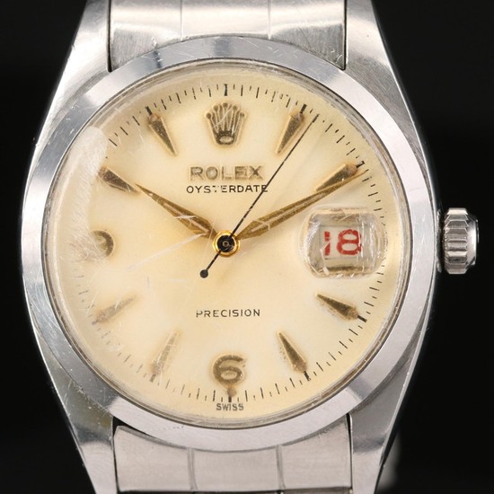 Inspektion Alperne Serrated Vintage Rolex Oysterdate Precision 6494 Stem Wind Wristwatch, 1956 at  auction | LOT-ART