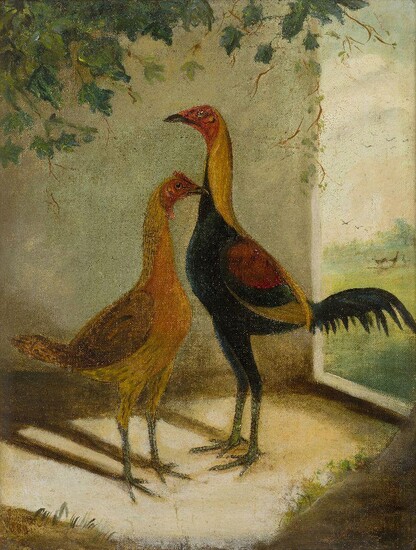W. Windred, late 19th century- A pair of fighting cocks in a barn; oil on canvas, indistinctly signed and dated 'W Windred / 1889' (lower left), 45.4 x 35.5 cm. Note: For other works in oil by the artist see 'Parents of a prize pigeon' at...