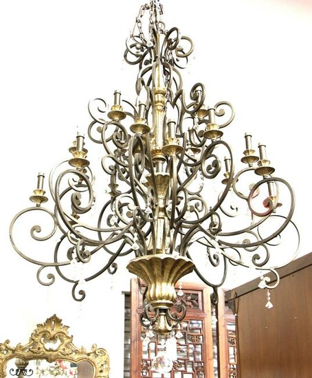 WROUGHT IRON & CRYSTAL CHANDELIER