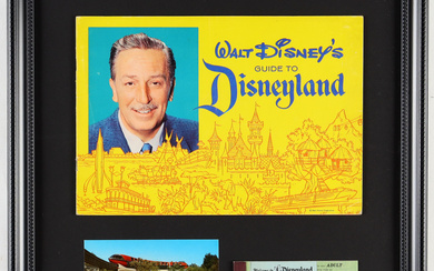Walt Disney "Disneyland" Custom Framed 1960's Souvenir Guide Booklet with Vintage Ticket Book & Vintage Postcard