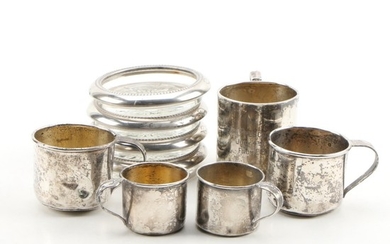 Webster and Other Sterling Silver Cups with Silver Plate and Glass Coasters